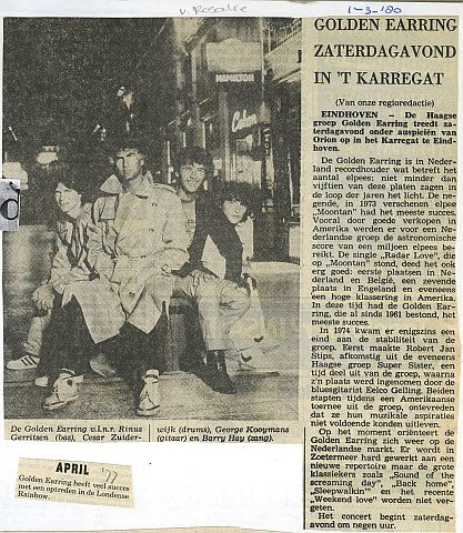 Golden Earring newspaper article Eindhoven show announcement March 01, 1980